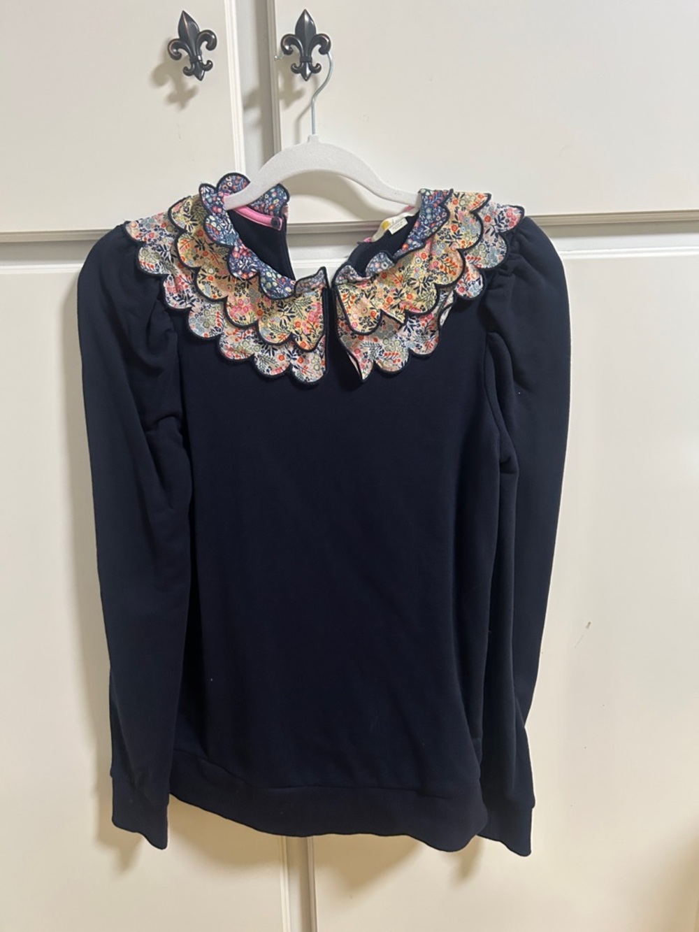 Boden Navy Sweatshirt with Scalloped Floral Collar